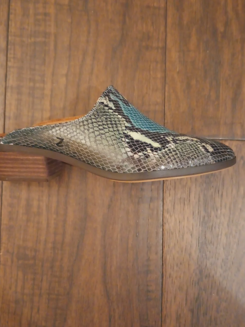 Zodiac Teal and Black Snakeskin Wedge Mules